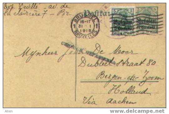 BZentier 5 Ct + 5 Ct Brussel Naar Nederland 1916 Via Aachen - Censuur Nederland "Censuur Gepasseerd". - OC1/25 Gouvernement Général