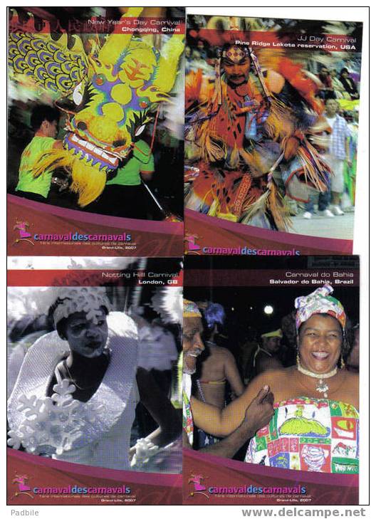 4 Cartes Carnaval Brézil; Chine; Londre; USA - Karneval - Fasching