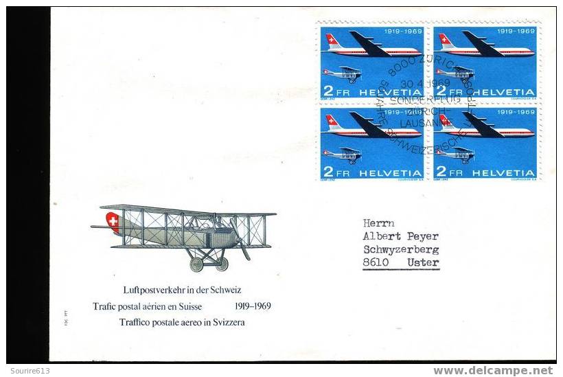 Fdc Transports > Autres (Air) Suisse 1969  Bloc De 4 - Autres (Air)
