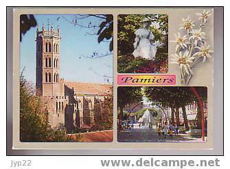 Jolie CP Ariège 09 Pamiers - Multivue La Cathédrale Statue Du Jardin Place De La République - A Circulée - Pamiers