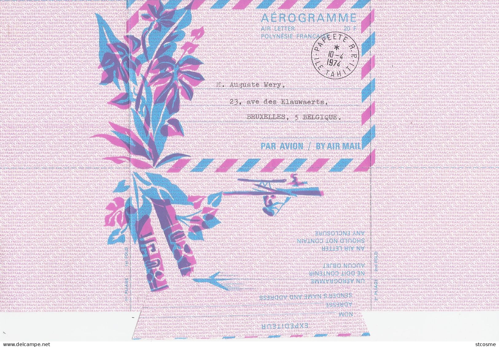 Entier / Stationery / PS - Aerogramme Polynésie : Aerogramme N° 1 - Oblitéré En 1974 à Papeete, Tahiti Pour La Belgique - Postal Stationery