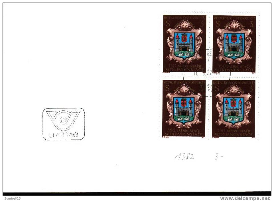 Fdc Armoiries > Enveloppes Autriche 1977 Bloc De 4 Ville De Schwanenstadt - Enveloppes