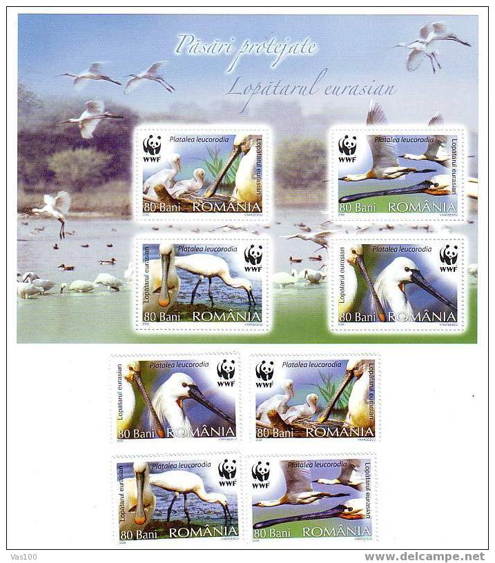 Romania ,2006 WWF-PROTECTED BIRDS-THE EURASIAN SPOONBILL,MNH,BLOCK+ SET - Pelicans