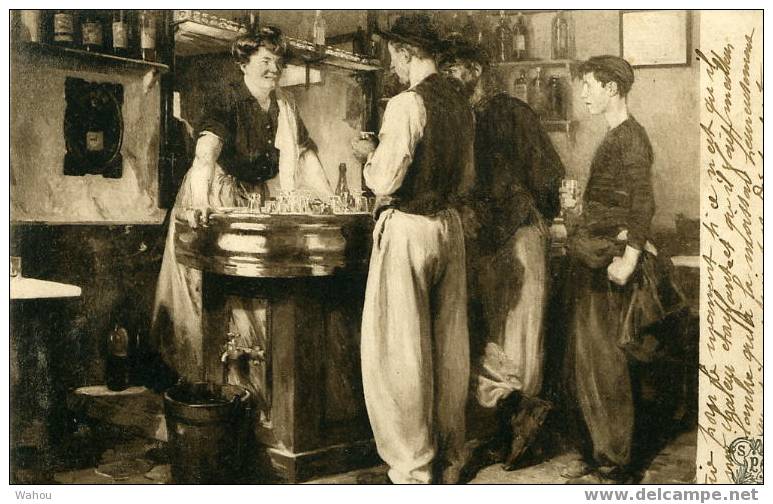 SALON 1905   - PAGES   -  Sur Le Zinc    (Copie De Tableau- Carte Ayant Voyagé En 1905) Scène Bistrot Bar Estaminet... - Peintures & Tableaux