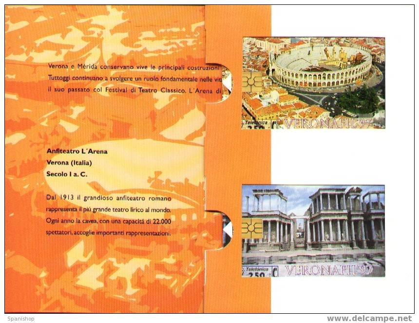 SPAIN FOLDER ROMANIC THEATER VERONA & MERIDA. ARCHITECTURE ANCIENT. 2 Private Phonecards - Kultur