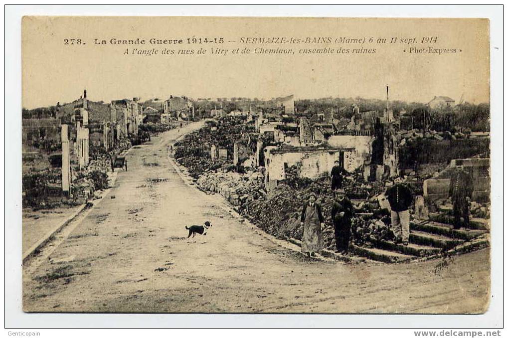 H114 - SEMAIZE-les-BAINS - à L'angle Des Rues De Vitry Et De Cheminon, Ensemble Des Ruines (carte Animée De 1915) - Sermaize-les-Bains