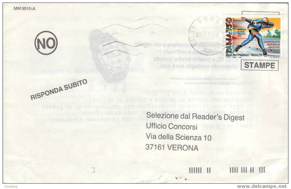 Italia - Lettera Da Sorso X Verona  Con 1v. Mondiali Di Pattinaggio Velocità 1995 - Hiver