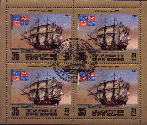 COREE DU NORD 1983 BATEAUX ANCIENS FEUILLE DE 4 TIMBRES YT 1756 MICHEL 2364 (°) - Boten