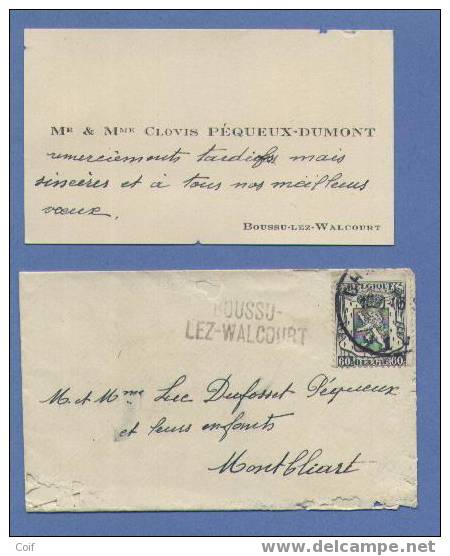 527 Op Naamkaartomslagje "carte Visite" (met Inhoud) Met Naamstempel BOUSSU-/LEZ-WALCOURT - 1935-1949 Small Seal Of The State