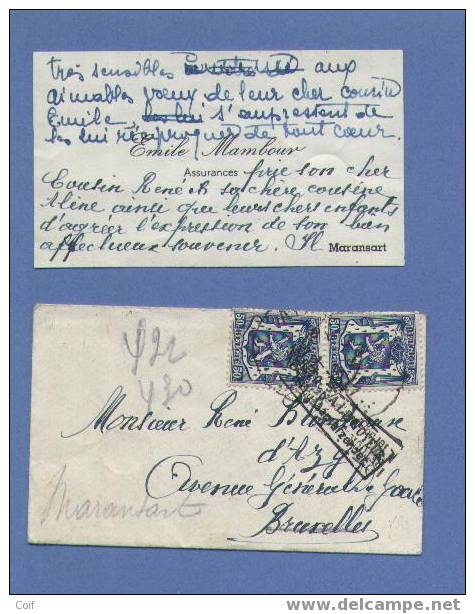 426(2) Op Naamkaartomslagje "carte Visite" (met Inhoud) Verzonden Naar BRUSSEL, Stempel TERUG AAN AFZENDER............ - 1935-1949 Kleines Staatssiegel