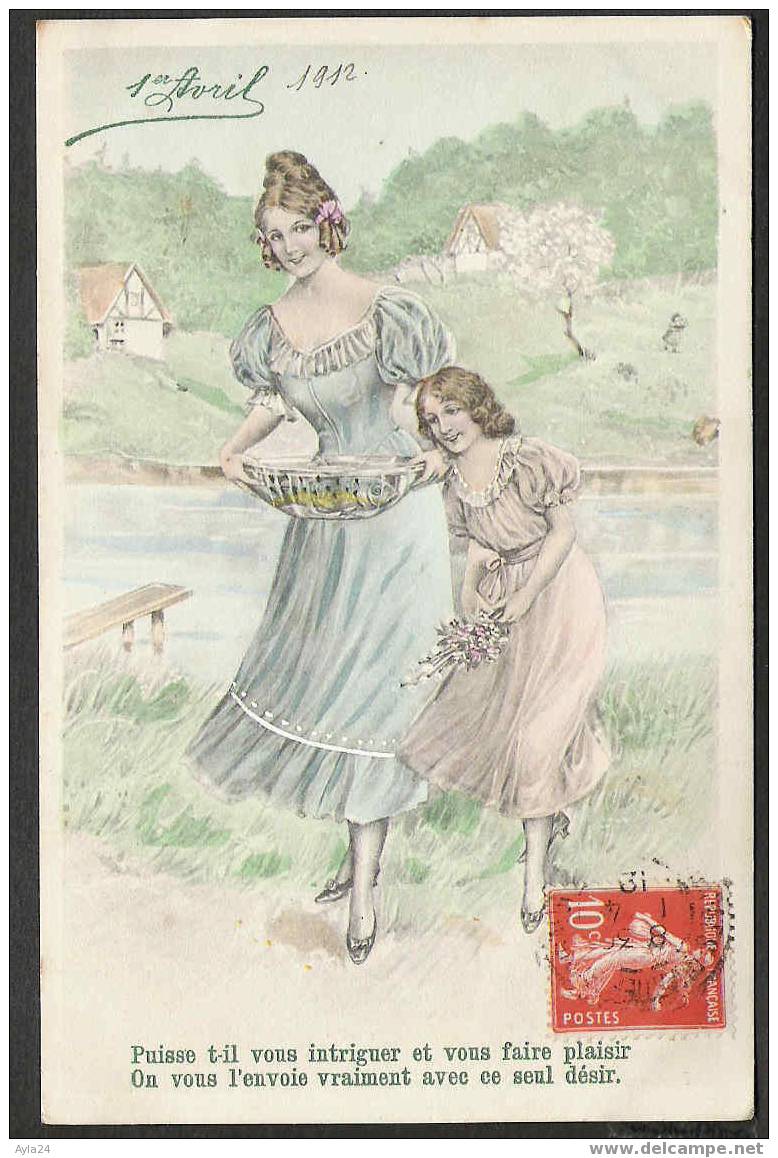 CPA  1er Avril  Poisson  Jeunes Filles   Dessin  Romantique   Champêtre   1912 - 1er Avril - Poisson D'avril