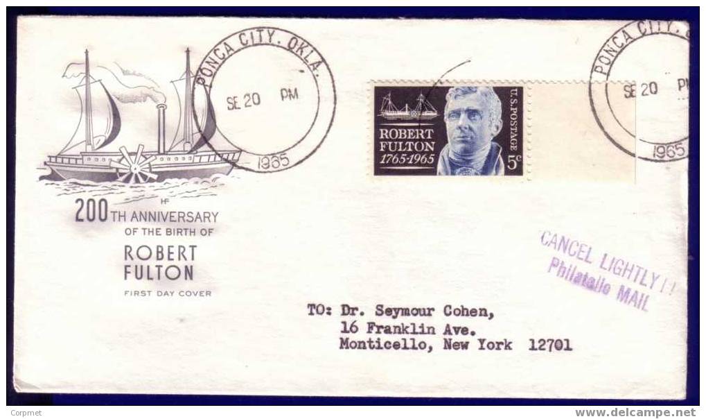 US - 200th ANNIVERSARY OF THE BIRTH OF ROBERT FULTON COMM PONCA CITY, OKLA COVER - Topical SHIPS - Schmuck-FDC