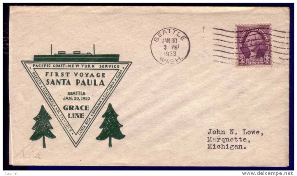 US - FIRST VOYAGE SANTA PAULA - GRACE LINE - SEATTLE 1933 - COMM CACHETED COVER - Marittimi