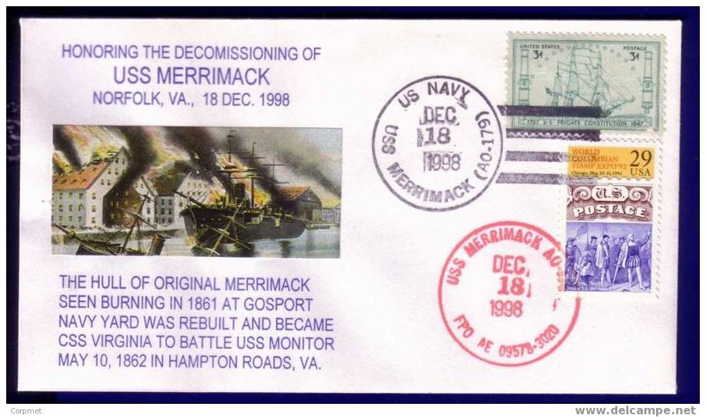 US- HONORING THE DECOMISSIONING OF USS MERRIMACK - COMMEMORATIVE CACHETED COVER- - Maritime