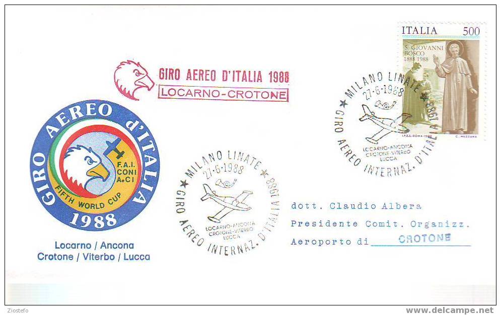 A254 Marcophilie Giro Aereo D´Italia 1988 Locarno-Crotone 27/6/1988 - Theologians