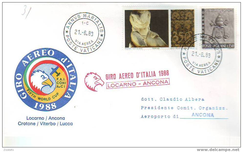 A271 Marcophilie Giro Aereo D´Italia 1988 Locarno-Ancona 21/6/1988 - Poste Aérienne
