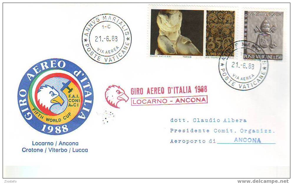 A272 Marcophilie Giro Aereo D´Italia 1988 Locarno-Ancona 21/6/1988 - Airmail