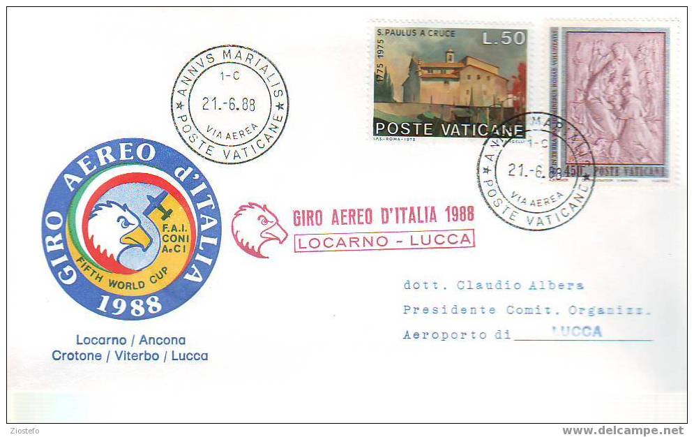 A279 Marcophilie Giro Aereo D´Italia 1988 Locarno-Lucca 21/6/1988 - Airmail