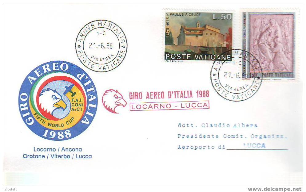 A279 Marcophilie Giro Aereo D´Italia 1988 Locarno-Lucca 21/6/1988 - Poste Aérienne