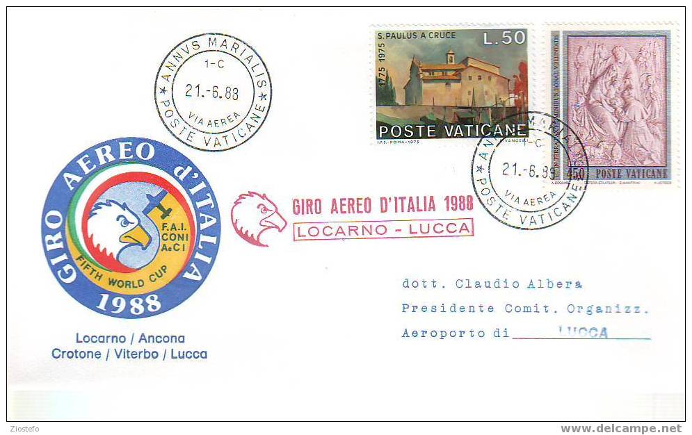 A282 Marcophilie Giro Aereo D´Italia 1988 Locarno-Lucca 21/6/1988 - Poste Aérienne