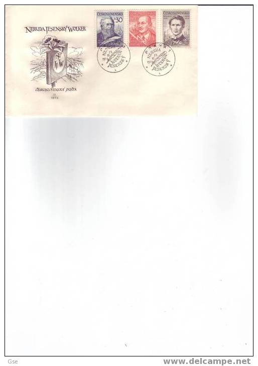 CECOSLOVACCHIA 1954 - FDC Yvert 782/4 Annullo Speciale Illustrato - Neruda-Jesensky-Wolker - FDC