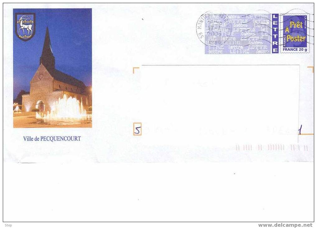 PAP PECQUENCOURT (NORD) : EGLISE Et JET D´EAU Illuminés + BLASON Avec CERF - Prêts-à-poster:Overprinting/Blue Logo