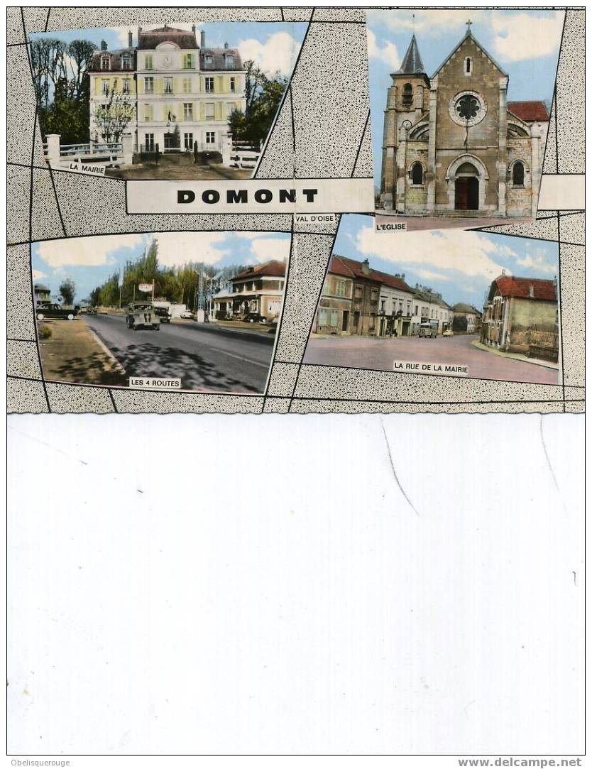 95 DOMONT 4 VUES EN UNE CARTE VOITURES MAIRIE EGLISE ANIMATION - Domont