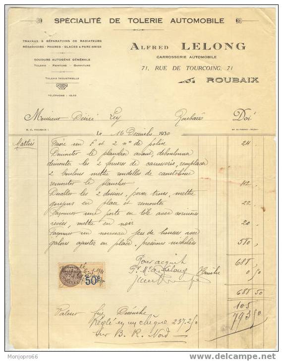 1 Facture Et Fiche De Travail De ALFRED LELONG Carrossier Automobile De Roubaix De 1930 - Automobile