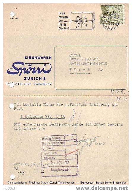 Bon De Commande De Eisenwaren Spörri (Zürich - Suisse) - A Voyagé Le 22/11/1958 - Ohne Zuordnung