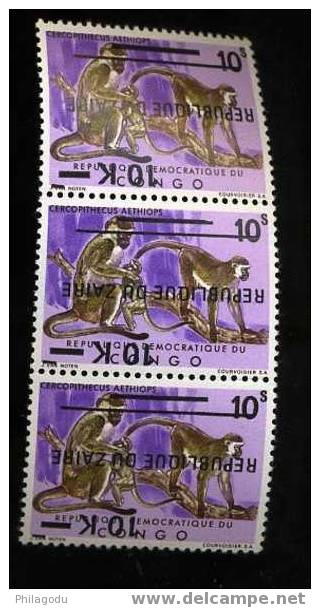 SINGES  APEN  MONKEYS  1977  ZAIRE  Surch Renversée Bande De 3 ++   INVERTED OVERPRINT - Neufs