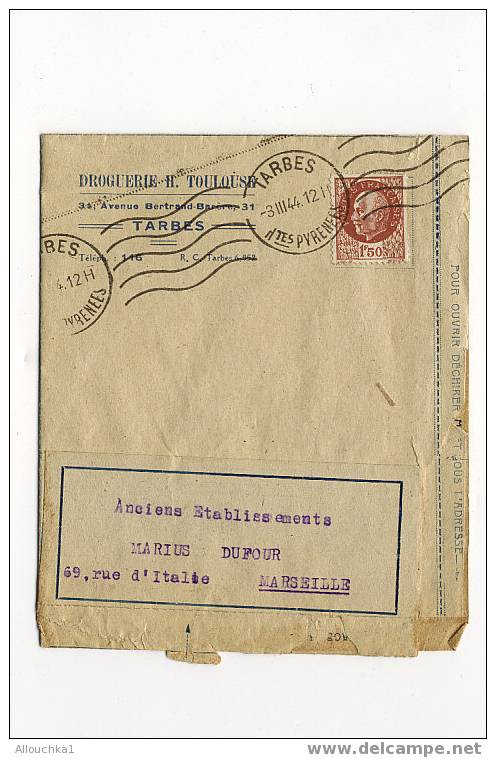 VIEUX PAPIERS FACTURE DROGUERIE H. TOULOUSE  A TARBES DU 2 MARS 1944 SUR ENTIER AVEC TIMBRE PETAIN + FLAMME KRAGG - Drukkerij & Papieren