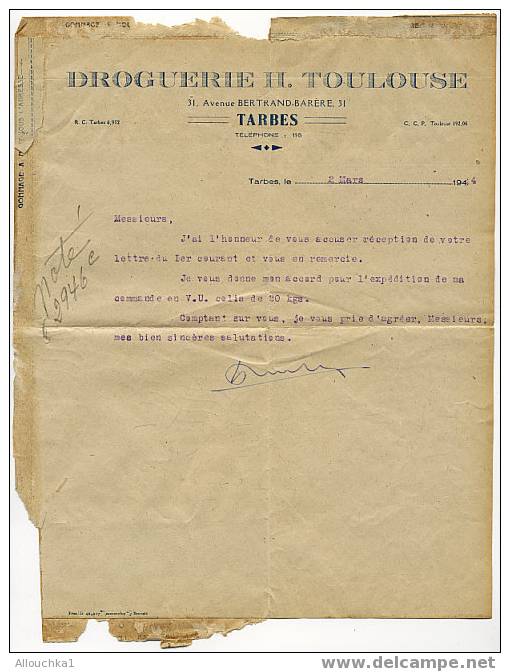 VIEUX PAPIERS FACTURE DROGUERIE H. TOULOUSE  A TARBES DU 2 MARS 1944 SUR ENTIER AVEC TIMBRE PETAIN + FLAMME KRAGG - Imprimerie & Papeterie