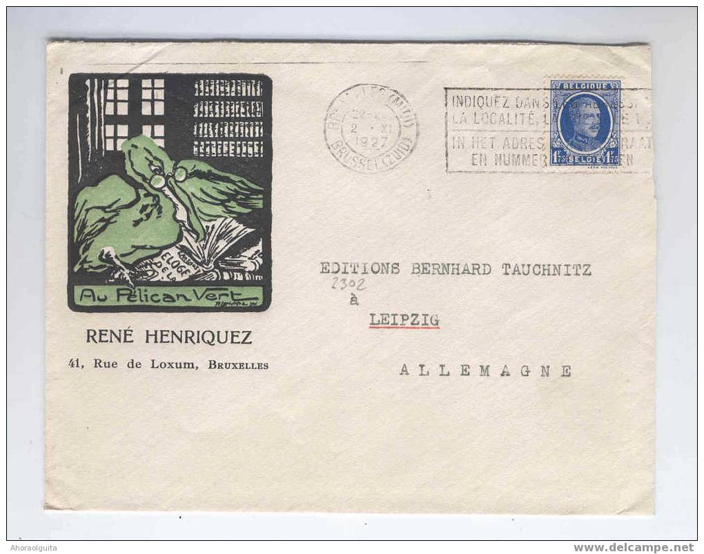 Lettre 1 F 75 HOUYOUX BXL Vers Allemagne 1927 - TB Entete Illustrée Au Pélican Vert  --  4/548 - 1922-1927 Houyoux