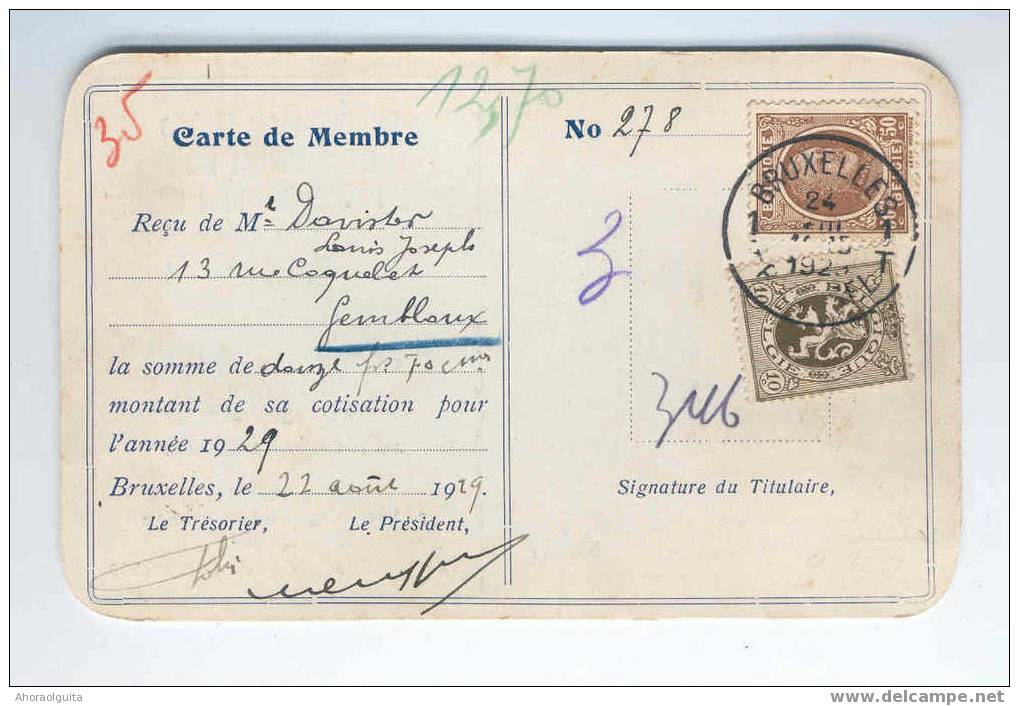 Carte De Membre 60 C  HOUYOUX Et Héraldique BXL 1929 - Belgian Field Artillery - Fiscal , Refusé   --  4/550 - 1922-1927 Houyoux