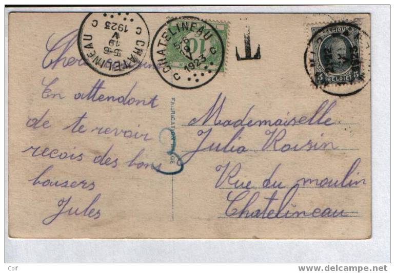 193 Op Kaart Met Stempel NAMUR, Getaxeerd (taxe)TX 33 Met Stempel CHATELINEAU - 1922-1927 Houyoux