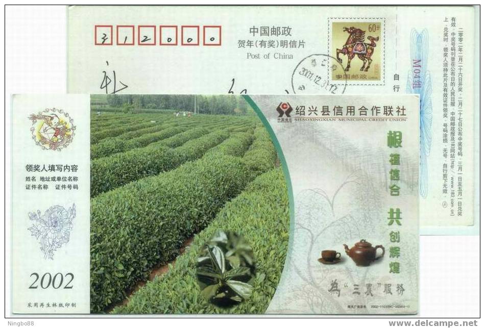 Green Tea Field,Tea Pot,China 2002 Shaoxing  Municipal Credit Union Advertising Pre-stamped Card - Andere & Zonder Classificatie