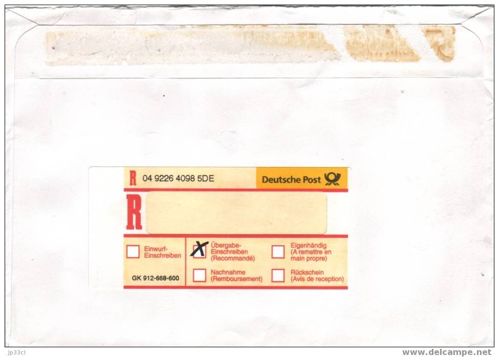 Lettre Recommandée Avec étiquette "Bar Freigemacht - Taxe Perçue" Du 11/8/2000 - Lettres & Documents