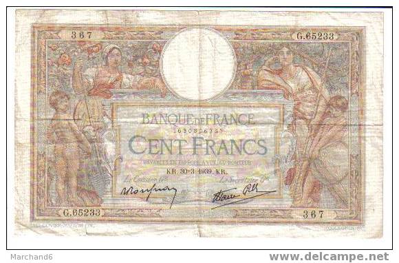 France Recto 100 Francs KR.30=3=1939.KR. - 100 F 1908-1939 ''Luc Olivier Merson''