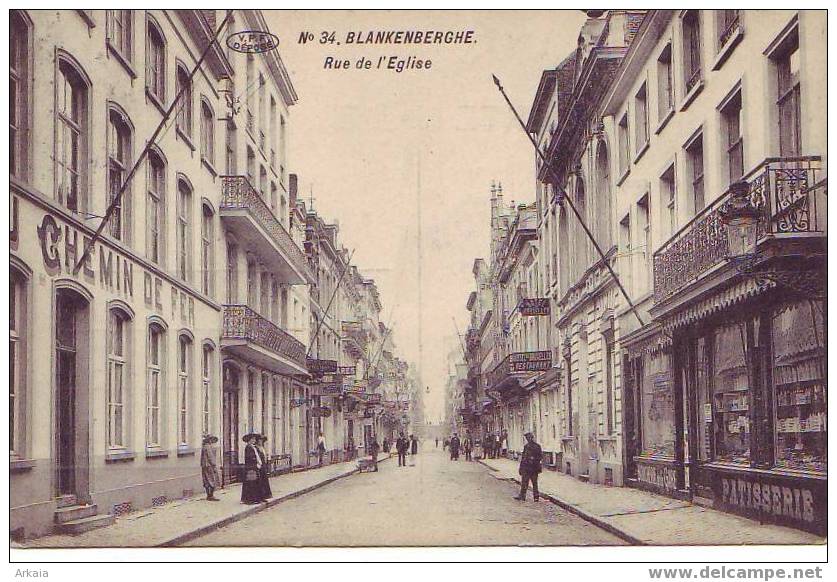 BLANKENBERGHE = Rue De L'église + Commerce  (edit. V.P.F.  N° 34)  1913 - Blankenberge