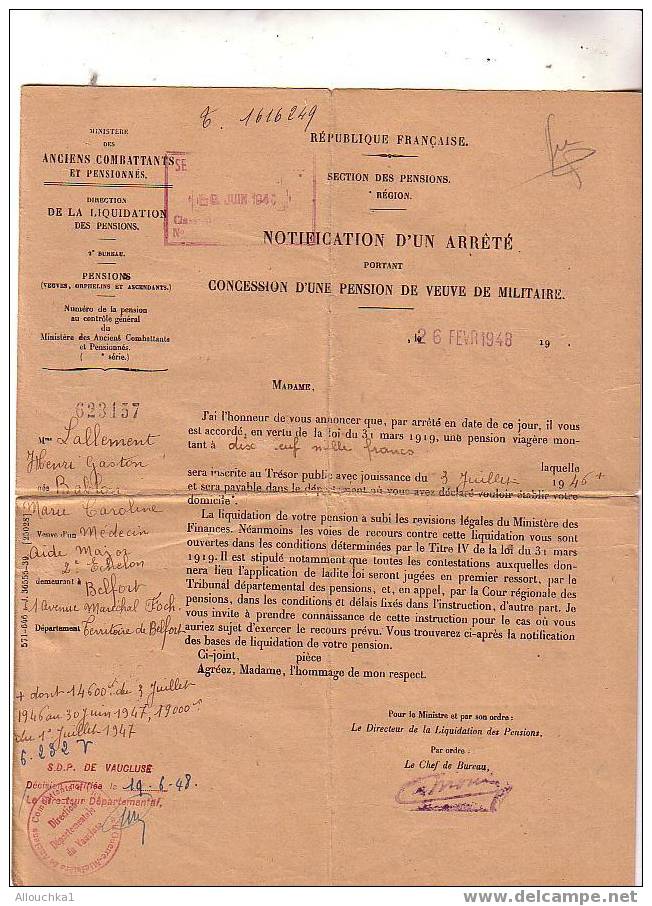 3 DOCUMENTS NOTIFICATION ARRETE CONCESSION PENSION DE VEUVE MILITAIRE ANCIENS COMBATTANTS & PENSIONNES 1948/65 - Documents