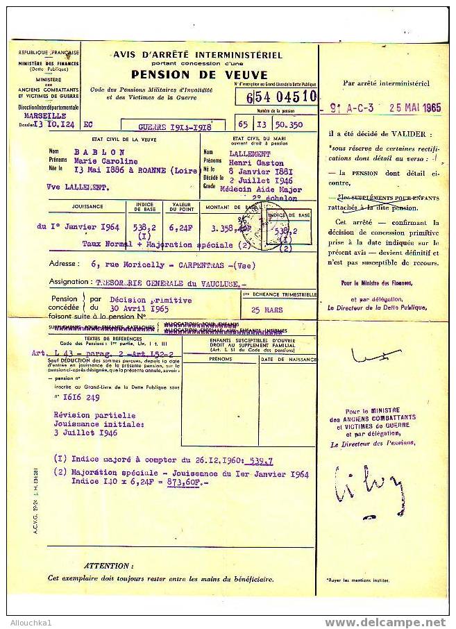 3 DOCUMENTS NOTIFICATION ARRETE CONCESSION PENSION DE VEUVE MILITAIRE ANCIENS COMBATTANTS & PENSIONNES 1948/65 - Documents