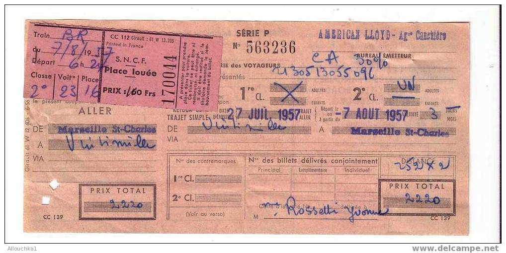 TITRE DE TRANSPORT SNCF DE VINTIMILLE A MARSEILLE ST CHARLES JUIL/AOUT1957 SOCIETE NATIONALE DES CHEMIN DE FER FRANCAIS - Other & Unclassified