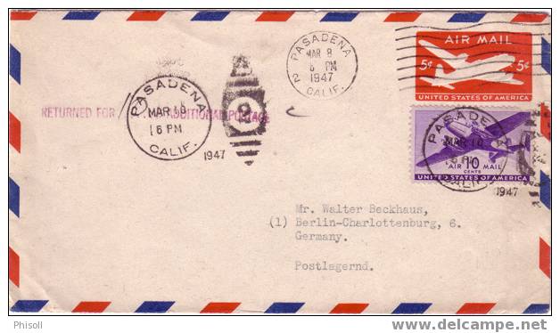 Lot 410: Lettre De Pasadena Pour L'Allemagne En Poste Restante, à Voir Les Oblitérations - 2c. 1941-1960 Covers