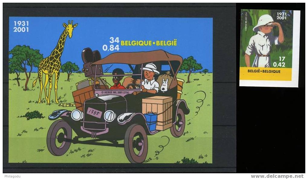 TINTIN Au CONGO Timbre Et Bloc HERGE Train  Cinéma Girafe Automobile Voiture  NON DENTELE 2001 Belgique   Movie Camera - Comics