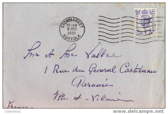 LETTRE DE SUFFOLK VIA France Du 8/12/1951 - Postmark Collection