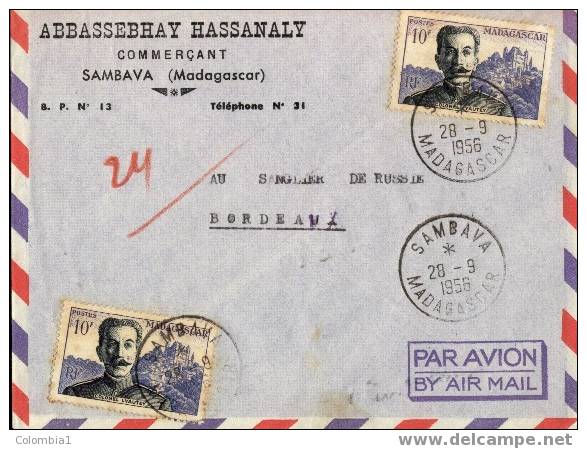 Lettre De SAMBAVA 28/09/1956 VIA BORDEAUX PAR AVION - Cartas & Documentos