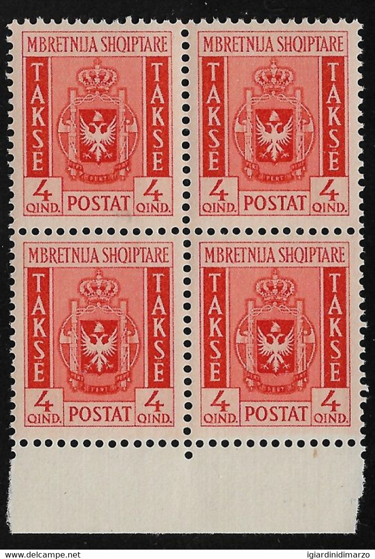 ALBANIA - TERRITORI ANNESSI E OCCUPATI - 1940 - Segnatasse - QUARTINA Nuova Stl Del Valore Da 4 Qind - DC0232 . - Albania