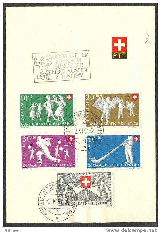 SWITZERLAND - NATIONAL DAY SEMIPOSTALS 1951, VFU ON PTT-FOLDER, SPORTS TOPIC! - Usati