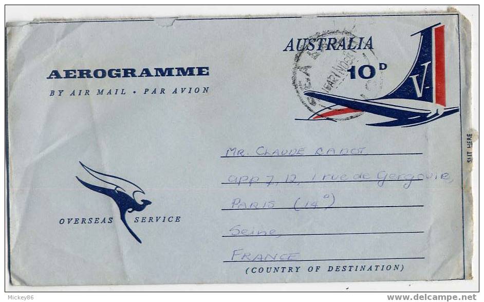 Australie--Entier --1965--Aérogramme 10d --origine SEA LAKE Australie  Pour Paris-- France- - Postwaardestukken