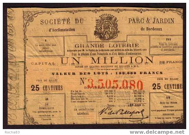 Billet Loterie - Société Du PARC & JARDIN D´Acclimatation De BORDEAUX - 1865 - Billets De Loterie